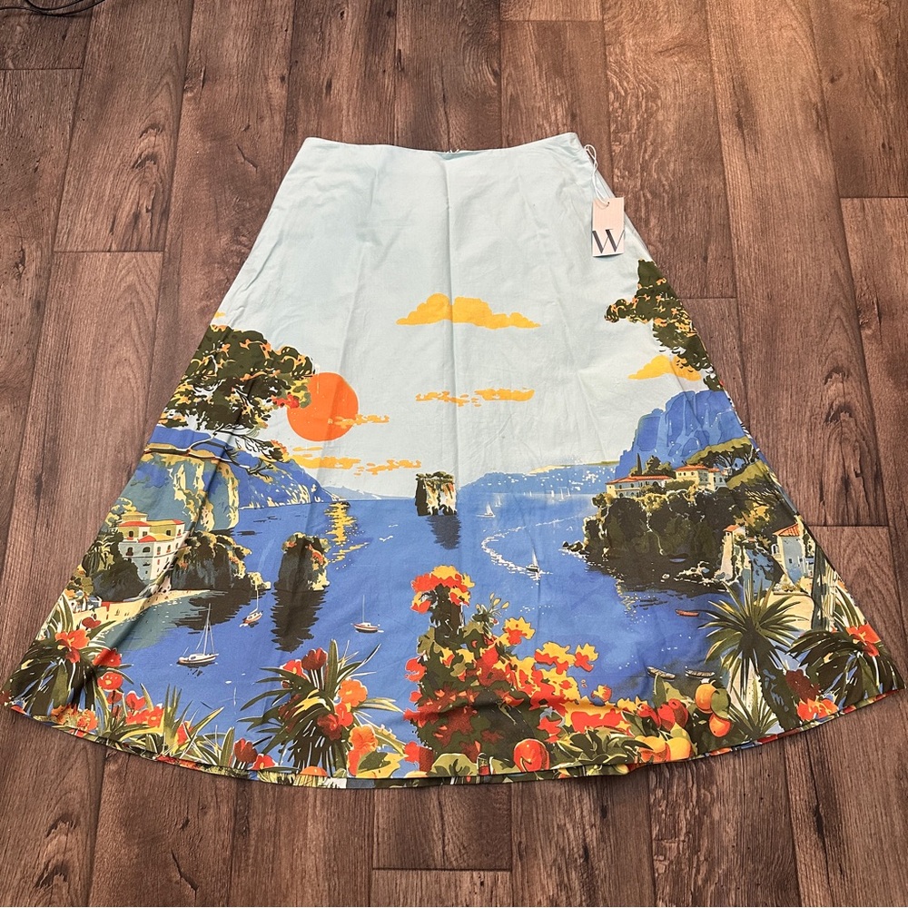 Worthington Cotton Graphic Sea Print Midi Skirt Women’s Size 12 Blue - Picture 1 of 10